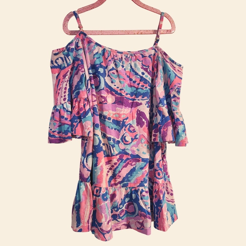 Lilly Pulitzer Girls XS 2-3 Cold Shoulder Dress Pink Blue Paisley Ruffle Sleeve